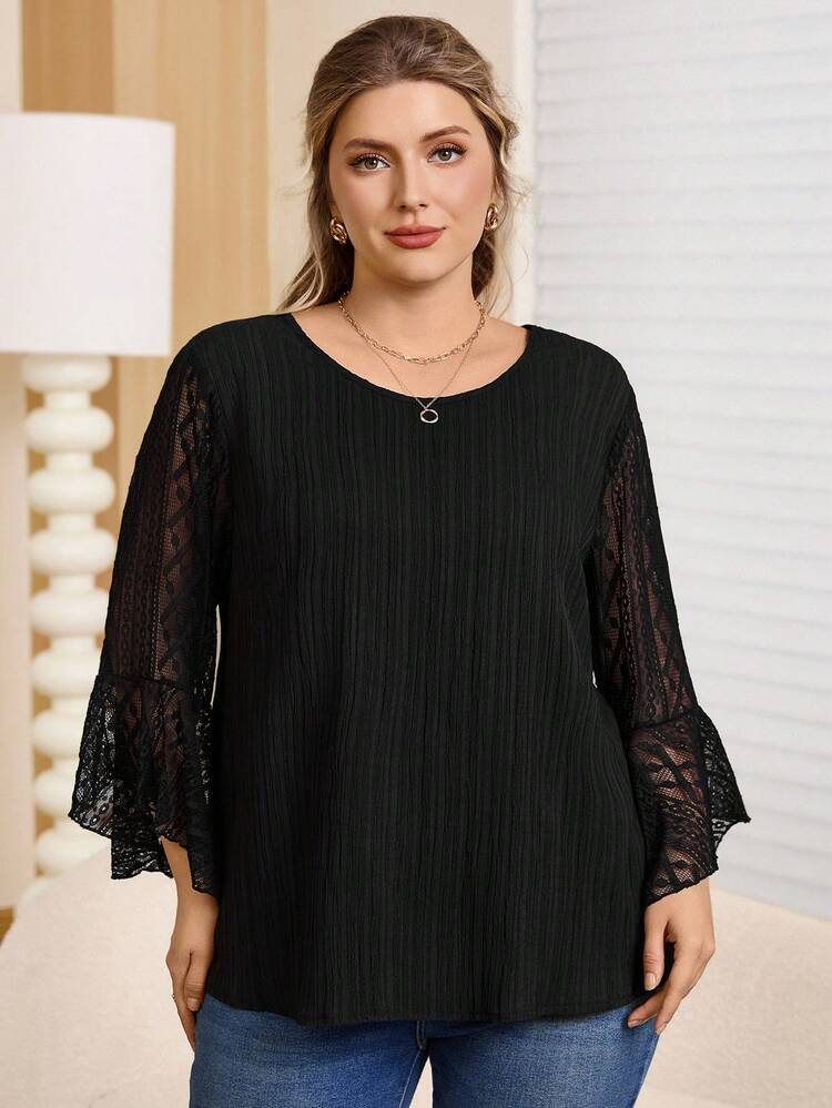 Plus Size Women Elegant Commuter Solid Color Lace Patchwork Blouse, Suitable For Spring And Autumn, Going Outs, 2025 New , Simple And Fashionable For Everyday Wear, Plus Size Winter , Comfortable And Breathable, Christmas For Women, New Year , Suitable For Multiple Occasions, Christmas, Date Nights Women, Thanksgiving For Women, Suitable For Valentine's Day