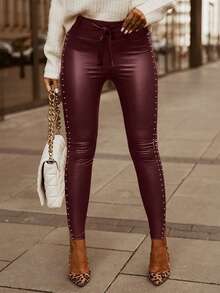 INAWLY Plus Size Black Rivet Slit Faux Leather Leggings - Burgundy - View 3