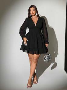 Viva Relle Plus-Size Women's New Year Deep V-Neck A-Line Chiffon Party Dress Fall - Black - View 4