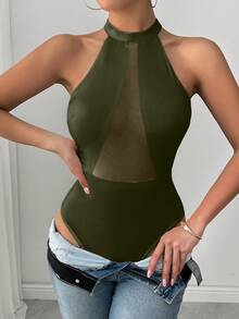 Glamine Mesh Patchwork Halter Backless Sheer Bodysuit - Olive Green - View 4