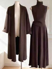 Franclia 3-częściowy dzianinowy, jednokolorowy, swobodny komplet dla kobiet, w tym kamizelka z golfem, kardigan z długim rękawem i spódnica z elastyczną talią i rozcięciem w kształcie litery A, kolor kawowy, jesień/zima - Kawowy brązowy - Zobacz 1