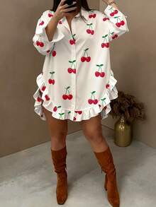 Vionelle 大码女式樱桃印花弧形下摆荷叶边长袖衬衫，情人节樱桃图案女式樱桃 - 紅白色 - 查看 1