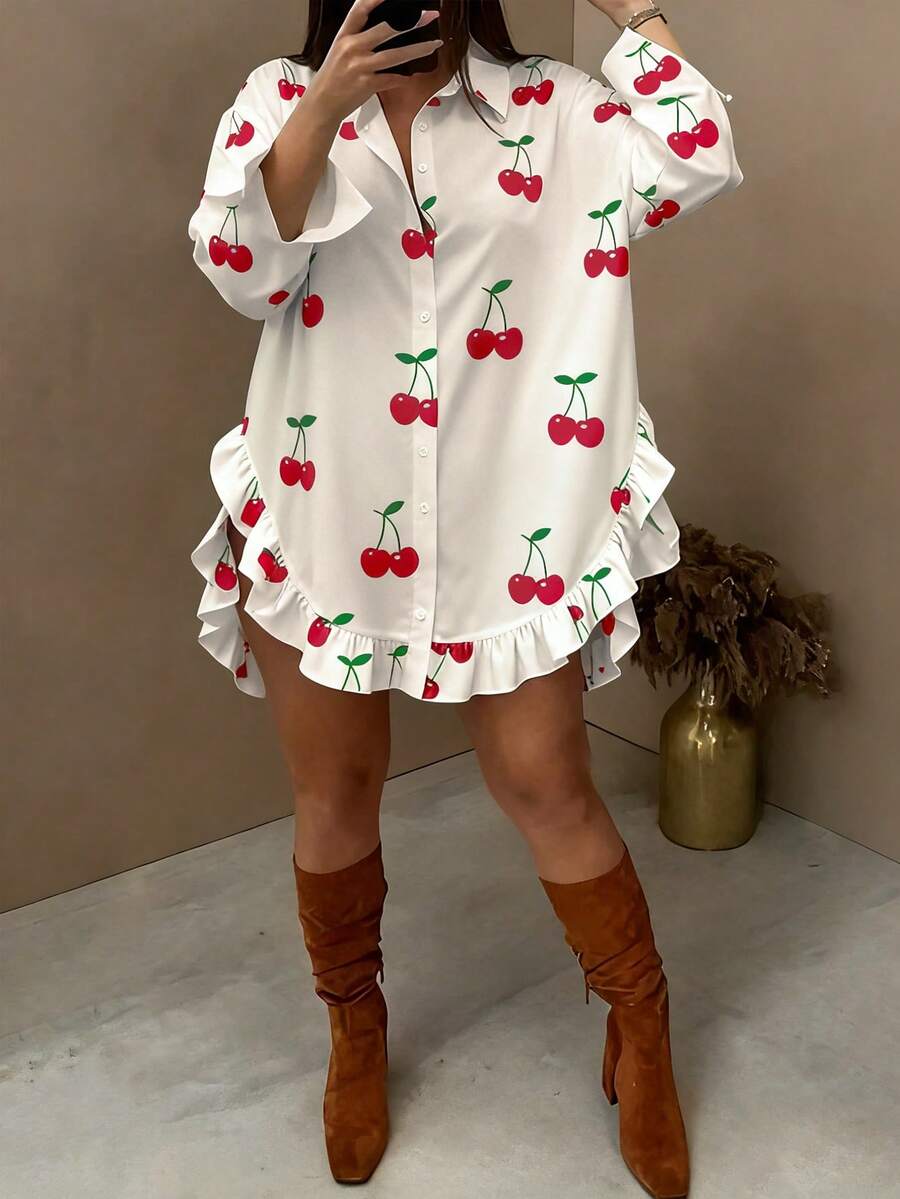 Vionelle 大码女式樱桃印花弧形下摆荷叶边长袖衬衫，情人节樱桃图案女式樱桃 - 紅白色 - 查看 1