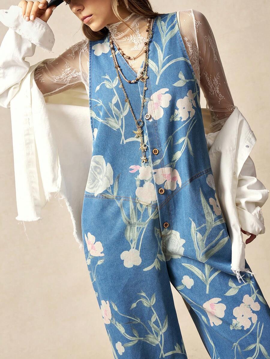 Bohemela 女士休闲梭织牛仔宽松连体裤 - 藍色 - 查看 1