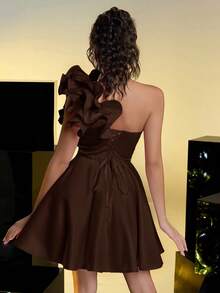 Lovelzi Váy dạ hội hở eo xòe nhún bèo màu hồng lãng mạn thanh lịch - Cà phê nâu - Xem 6