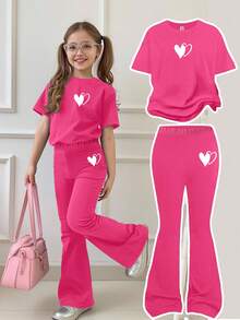 SHEIN Leap Crew 2pcs/Set Tween Girls Casual Minimalist Round Neck Short Sleeve Top And Pants Set, For Summer - Hot Pink - View 1