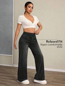 SHEIN Tall 女士弹力腰带口袋阔腿休闲针织牛仔裤 - 灰色 - 查看 5