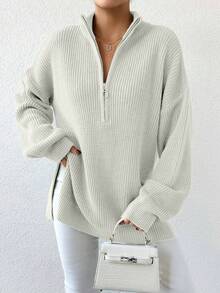 SHEIN Cottnline 女士半拉鍊垂墜肩毛衣 - 米色 - 查看 5