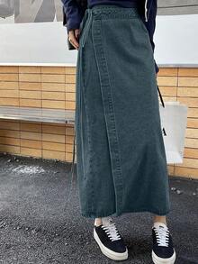 DAZY 女士休闲水洗抽绳裹身牛仔A字裙，返校季牛仔裙 - 中等水洗藍 - 查看 4