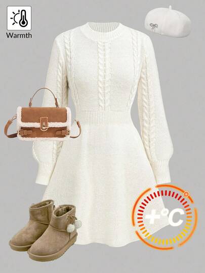 SHEIN Girlism Teen Girls Elegant Casual Fitted Long Sleeve A-Line High Neck Sweater Dress, Beige Textured Cable Knit White Sweater Dress Cable Knit Dress Long Sleeve Dress Teen Dress Winter Dress Fall