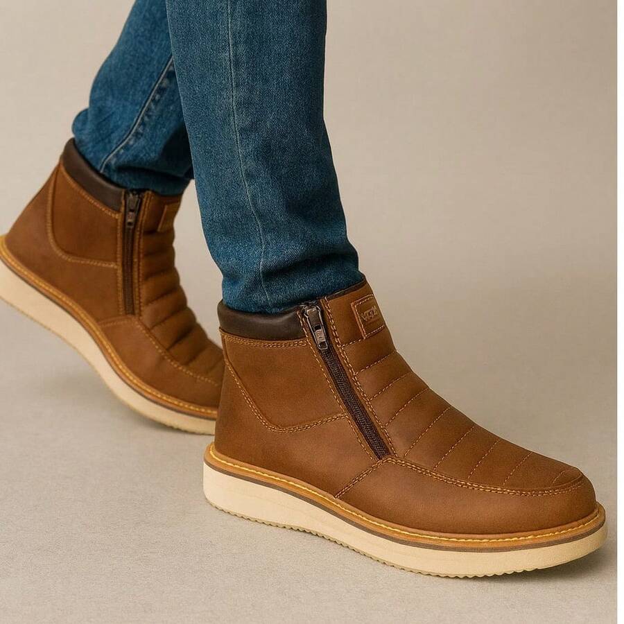 Botín casual para caballero con cierre lateral tipo zipper, acabado estilo nubuck, diseño acolchado en el empeine y suela ultraligera EVA antiderrapante ideal para uso diario, máxima comodidad y estilo urbano moderno
 Botín urbano para hombre con cierre lateral de fácil acceso, costuras reforzadas, suela ligera de alta duración y diseño acolchado que brinda confort superior perfecto para combinar con jeans, outfits casuales y jornadas largas - Café integral - Ver 1