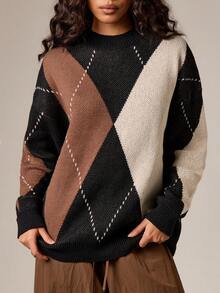 AiiRZ Argyle Diamond Pattern Knit Sweater Long Sleeve Crew Neck Pullover Fall Winter Cozy Chunky Knit Top - Multicolor - View 4