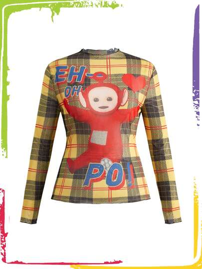 Teletubbies X ROMWE Plus Size Plaid Cartoon Pattern Long Sleeve Mesh Top, Autumn