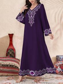 SHEIN Najma Váy maxi Ả Rập dài tay cổ chữ V họa tiết hoa thanh lịch dành cho nữ, Xuân/Thu - Nhiều màu - Xem 3