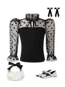SHEIN Young Girls Elegant Black Ruffle Trim Collar Splice Sheer Beaded Long Sleeve Black Blouse, Valentine's Day Matching Mother-Daughter Polka Dot Blouse Black And White Blouse Bow Neck Blouse Sheer Sleeve Top High Neck Polka Dot Top - Black - View 7