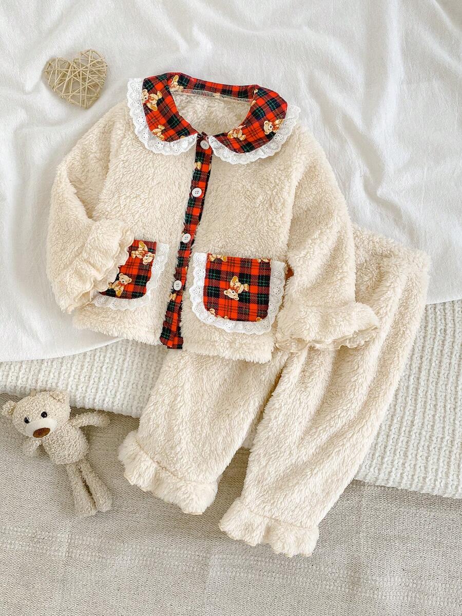Set pigiama da 2 pezzi per bambine, con cardigan in morbido pile e pantaloni. Grafica carina di orsetti, blocchi di colore a contrasto, bordo in pizzo floreale, maniche lunghe, pantaloni lunghi, abbigliamento da casa, autunno/inverno - Albicocca - Visualizzare 1