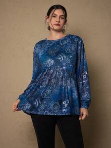 SHEIN VCAY Plus Size Women Casual Retro Paisley Print Top - Blue - View 4