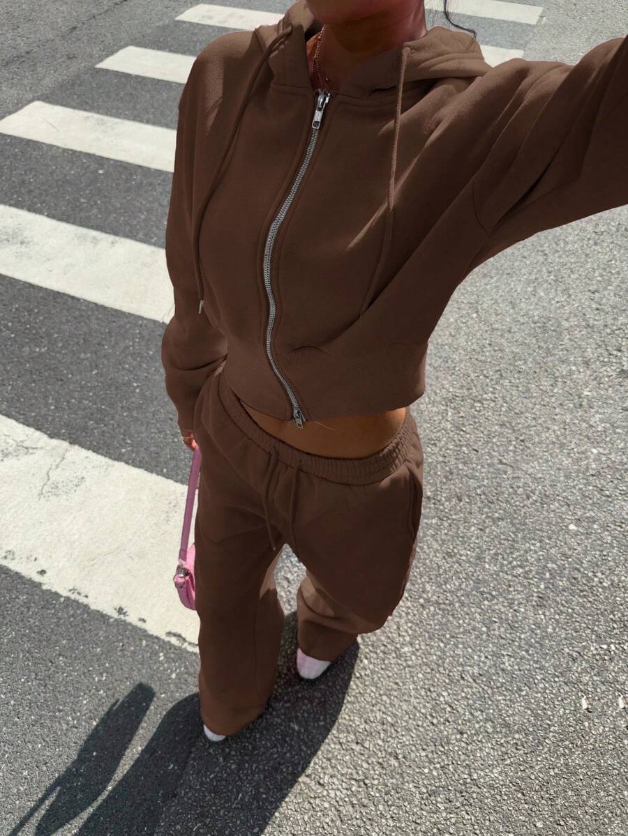 Muchica 休闲纯色连帽衫和运动裤套装，时尚服饰 - 棕色 - 查看 1
