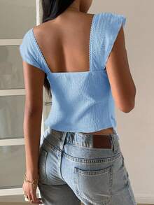 SHEIN EZwear Áo thun nữ dệt kim họa tiết, tay ngắn, viền bèo nhún, cổ tim, kiểu dáng thanh lịch, thích hợp cho các buổi tiệc rave. - Màu xanh lam - Xem 2