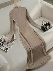 Franclia 女士条纹纹理优雅圆领中长连衣裙 - 杏色 - 查看 2