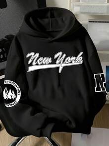 Teen Boy Casual Minimalist Long Sleeve Sweatshirt, Classic Text & Graphic Print, Suitable For Autumn - Black - View 1