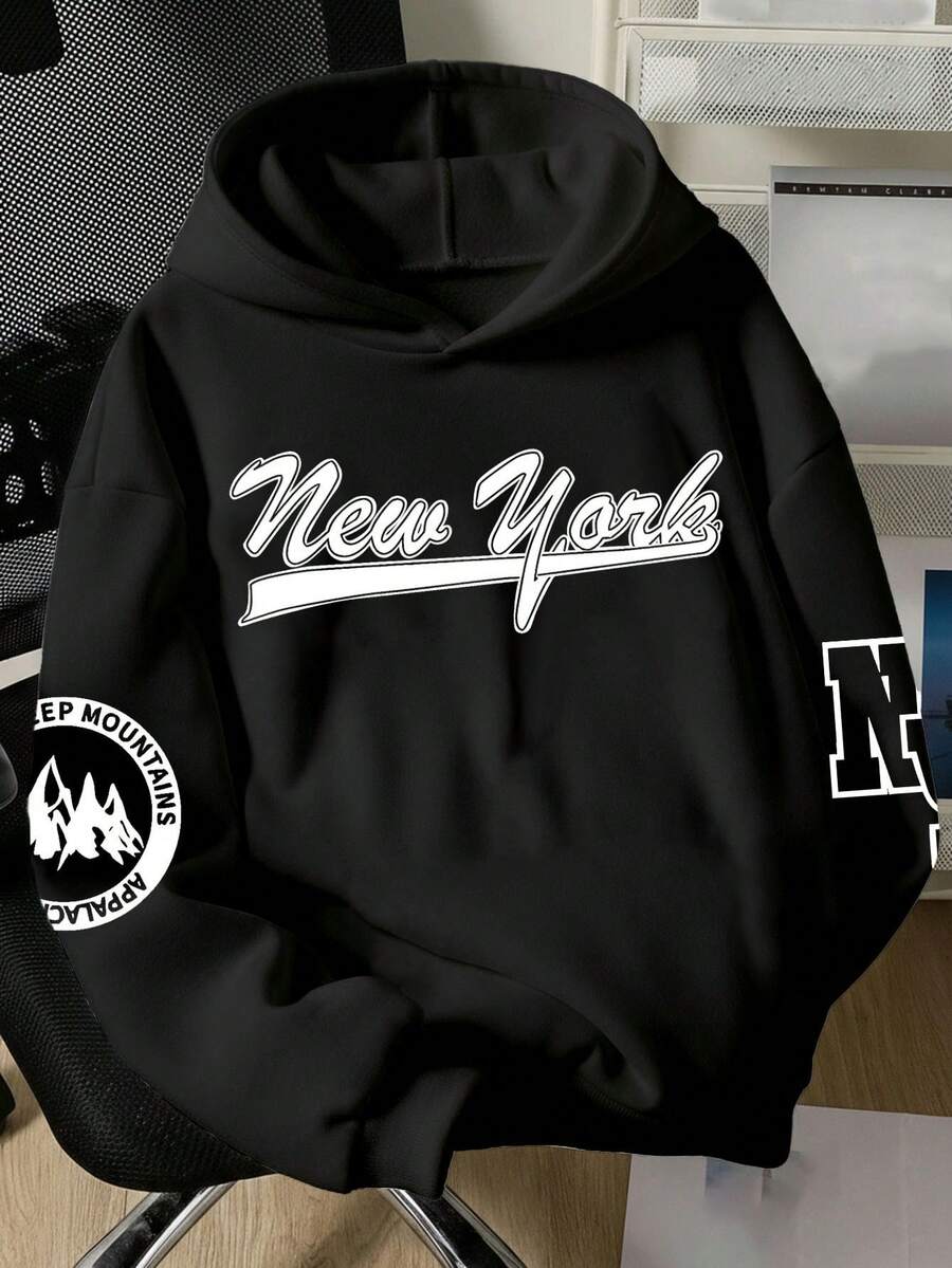 Teen Boy Casual Minimalist Long Sleeve Sweatshirt, Classic Text & Graphic Print, Suitable For Autumn - Black - View 1