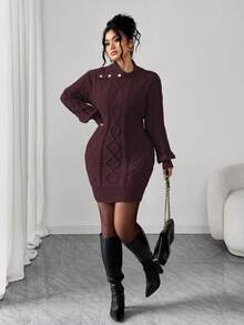 Elenzga 女士优雅时尚长袖宽松大码毛衣连衣裙，适合外出、婚礼宾客、秋冬季穿着。 - 酒紅色 - 查看 3
