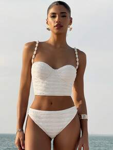 Swim Vcay 2026 Spring/Summer White Special Fabric Beaded Strap Women's Bikini Set White Two Piece Swimsuit Two Piece Beach Set Textured Bikini Bikini High Waisted Set Beach Two Piece Set Seashell Bikini White Bikini Set