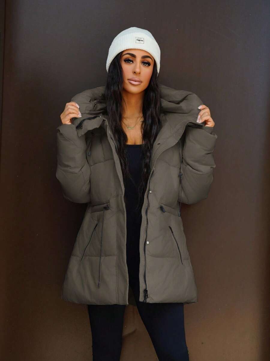 SAYEHFBABY 时尚休闲可调节腰部绗缝中长款连帽加厚棉服外套女士冬季服装 - 灰色 - 查看 1