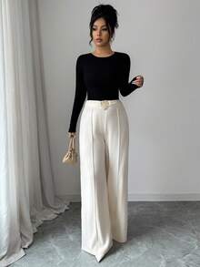 Elenzga Women's Elegant Casual Loose Waist Belted Wide Leg Pants, Suitable For Spring/Autumn, Commute, Vacation, Afternoon Tea, Party