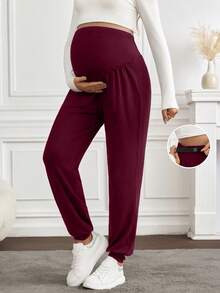SHEIN Maternity Solid Color Adjustable Waist Harem Pants - Burgundy - View 3