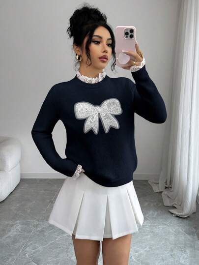 Elenzga Women's Elegant Round Neck Lace Trim Bow Decor Sweater