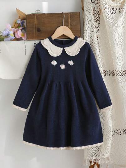 SHEIN Young Girls Floral Embroidered Ruffled Collar Knit Sweater Dress, Khaki, Elegant & Fashionable, Suitable For School, Daily Wear, Home, Outings, Travel, Autumn/Winter Girls Navy Blue Collared Dress Peter Pan Collar Dress Navy Kids Dress Autumn And Winter Young Girls Dress Girl Spring Autumn Dress