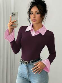 SHEIN PETITE 女款粉色與白色條紋長袖連身衣，秋季優雅辦公室返校商務休閒學院風，AB拼接領喇叭袖口 - 中紫紅色 - 查看 3