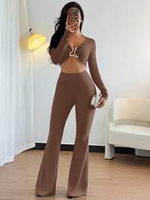 SHEIN ChicEase 性感女士黑色高弹力连体裤，正面和中间饰有金属装饰扣，休闲欧美风格 - 紫紅色 - 查看 4