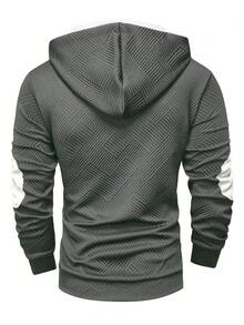 Manfinity Homme Hoodie Pria Kasual dengan Motif Patchwork Kontras Warna, Musim Gugur/Dingin - Dark Grey - View 2