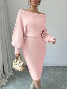Elenzga Nouvelle robe femme avec décoration de boutons tricotés, manches lanternes, robe décontractée ajustée et sexy - Rose pâle - Voir 4