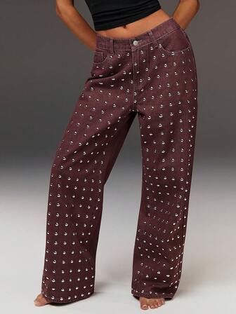 Athîral Damjeans med nitar och fickor, vida ben och lösa, vardagliga jeans