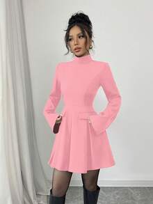 SHEIN Elenzya Đầm mini tay dài xếp ly cổ đứng màu trơn thời trang thanh lịch cho nữ - Hồng - Xem 6