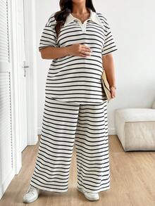 SHEIN 2 piezas Conjunto de camiseta de manga corta a rayas y pantalones de talla grande para maternidad - Gris - Ver 6