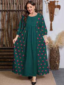 SHEIN Najma رمضان فستان متوسط الطول مطبوع رقميًا بنقشات زهرية ونباتية مع خصر مجعد وذيل مفرود، بأكمام طويلة وياقة مستديرة للمرأة ذات الحجم الكبير - متعدد الألوان - مشاهدة 1