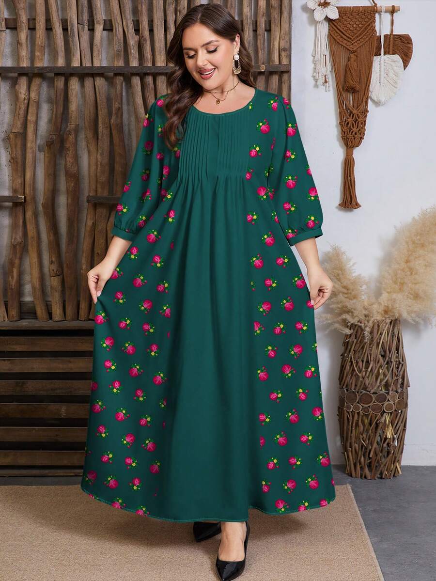 SHEIN Najma رمضان فستان متوسط الطول مطبوع رقميًا بنقشات زهرية ونباتية مع خصر مجعد وذيل مفرود، بأكمام طويلة وياقة مستديرة للمرأة ذات الحجم الكبير - متعدد الألوان - مشاهدة 1