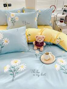 Joivida 3pcs/Set Blue Floral Printed Korean Style Countryside Style Bedding Set, Made Of Soft Aloe With Brushed Texture, Including 1 Duvet Cover And 2 Pillowcases, Multiple Sizes Available, Filling Not Included - Blue and White - View 2