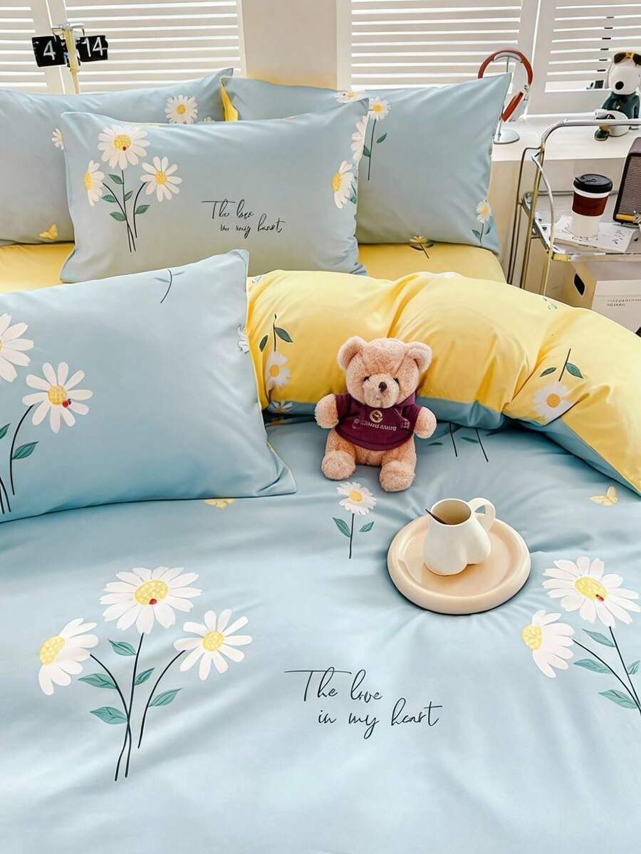 Joivida 3pcs/Set Blue Floral Printed Korean Style Countryside Style Bedding Set, Made Of Soft Aloe With Brushed Texture, Including 1 Duvet Cover And 2 Pillowcases, Multiple Sizes Available, Filling Not Included