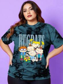 Nick 90s | SHEIN Plus Size Summer Casual Tie-Dye Cartoon Portrait Pattern Short Sleeve T-Shirt Suitable For Going Out - White - View 3