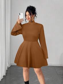 Elenzga Plus Size Women's Autumn/Winter New High Neck Elastic Knit Fitted Elegant Solid Color Dress - Brown - View 4