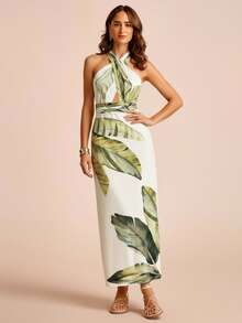 CAJUNI 性感露背吊带系腰修身女士长连衣裙，休闲款 - 杏色 - 查看 5