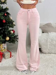 Rivivi Fashionable Low-Waist Pink Bow Tie Slim Fit Casual Flare Jeans - Pink - View 4