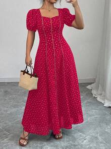 Elenzga Váy dài chữ A dệt vải cỡ lớn họa tiết hoa nhỏ thanh lịch, cắt ngẫu nhiên, cổ vuông tay bồng, viền bèo nhún eo, thời trang đa năng cho tiệc vườn, đi chơi, phong cách đặc biệt, hiệu suất cao - Đỏ - Xem 1