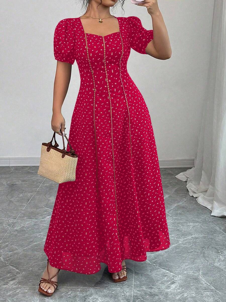 Elenzga Váy dài chữ A dệt vải cỡ lớn họa tiết hoa nhỏ thanh lịch, cắt ngẫu nhiên, cổ vuông tay bồng, viền bèo nhún eo, thời trang đa năng cho tiệc vườn, đi chơi, phong cách đặc biệt, hiệu suất cao - Đỏ - Xem 1